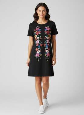 Umgee Black Floral Embroidered Short Sleeve Boho Summer Mini Dress with Pockets